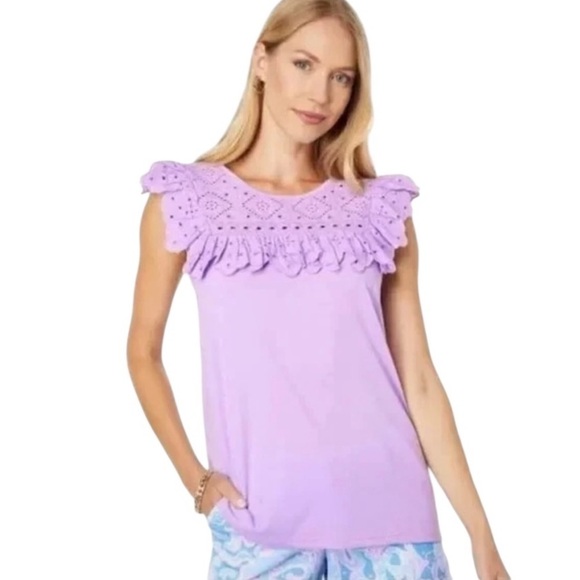 NEW LILLY PULITZER Bev Top  in Purple Iris Sleeveless Eyelet Detail Size Medium - Picture 3 of 9